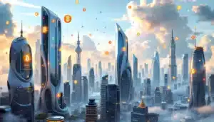 Cryptomonnaies vertes : vers une révolution durable des finances numériques ? ville futuriste finance verte
