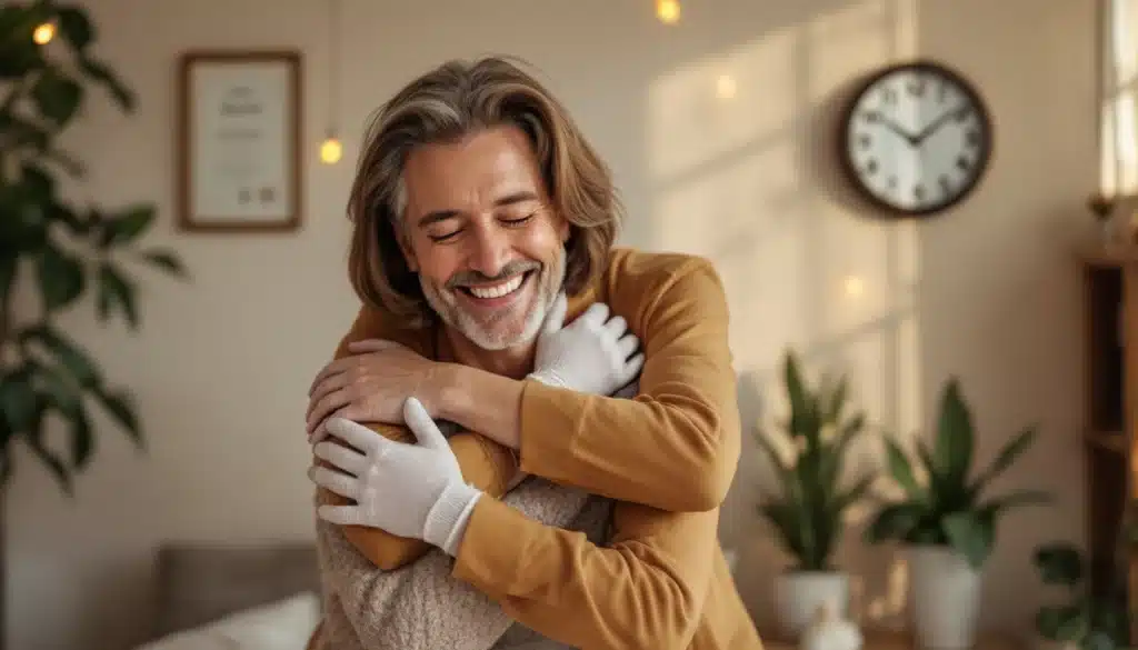 hugger chaleureux client souriant